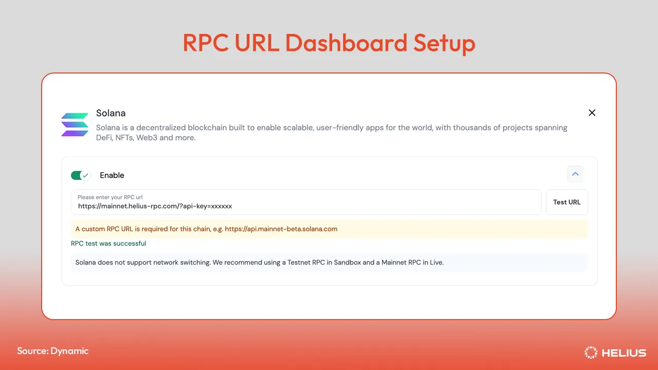 在 Dynamic 控制面板中添加 Helius RPC URL
