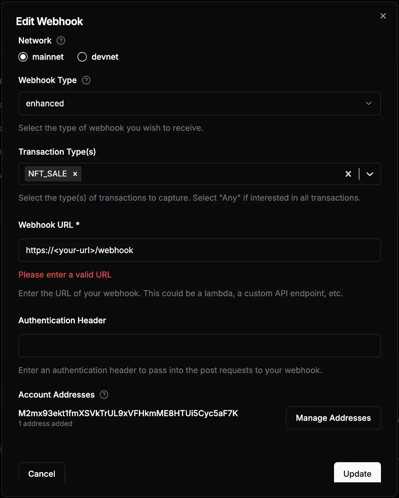 Helius 대시보드에서 webhook 편집하기