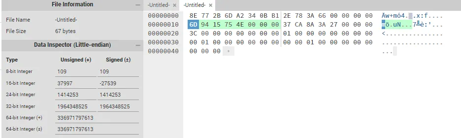 입력 인수 336971797613에 대응하는 바이트를 보여주는 Hexed UI