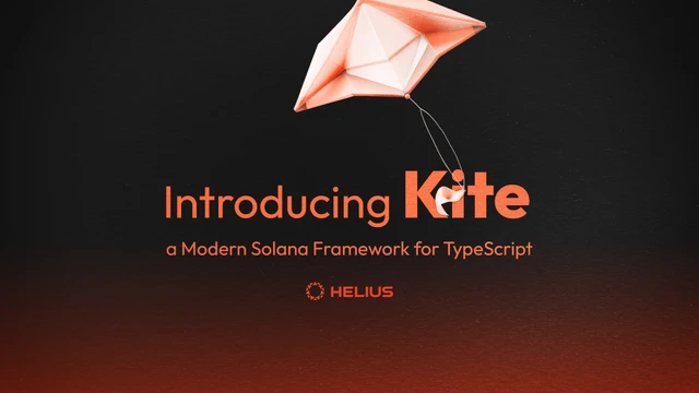 Layang-layang yang melayang di atas teks 'Memperkenalkan Kite', framework Solana modern untuk TypeScript.