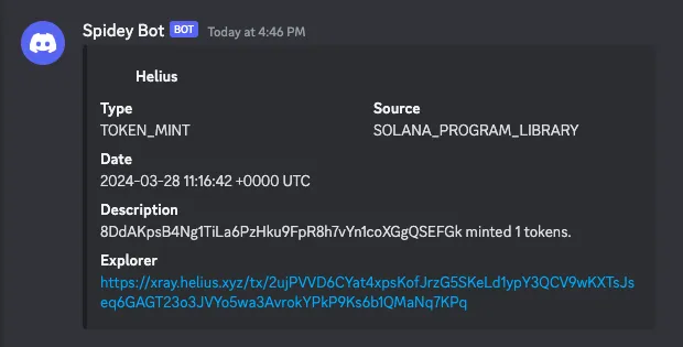 새 토큰 민트 시 Discord 봇이 전송한 알림