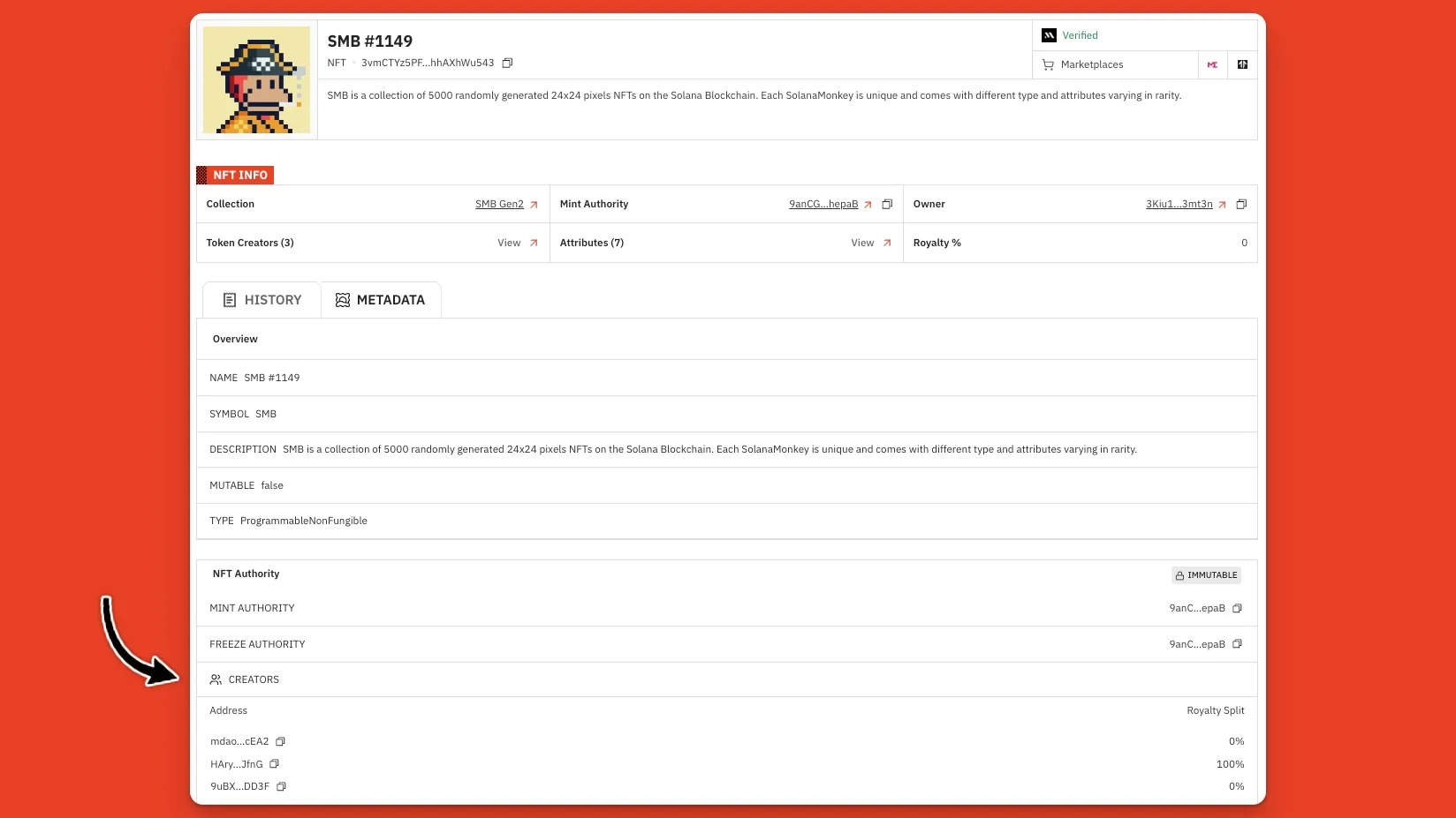 NFT Metadata page on the Orb block explorer