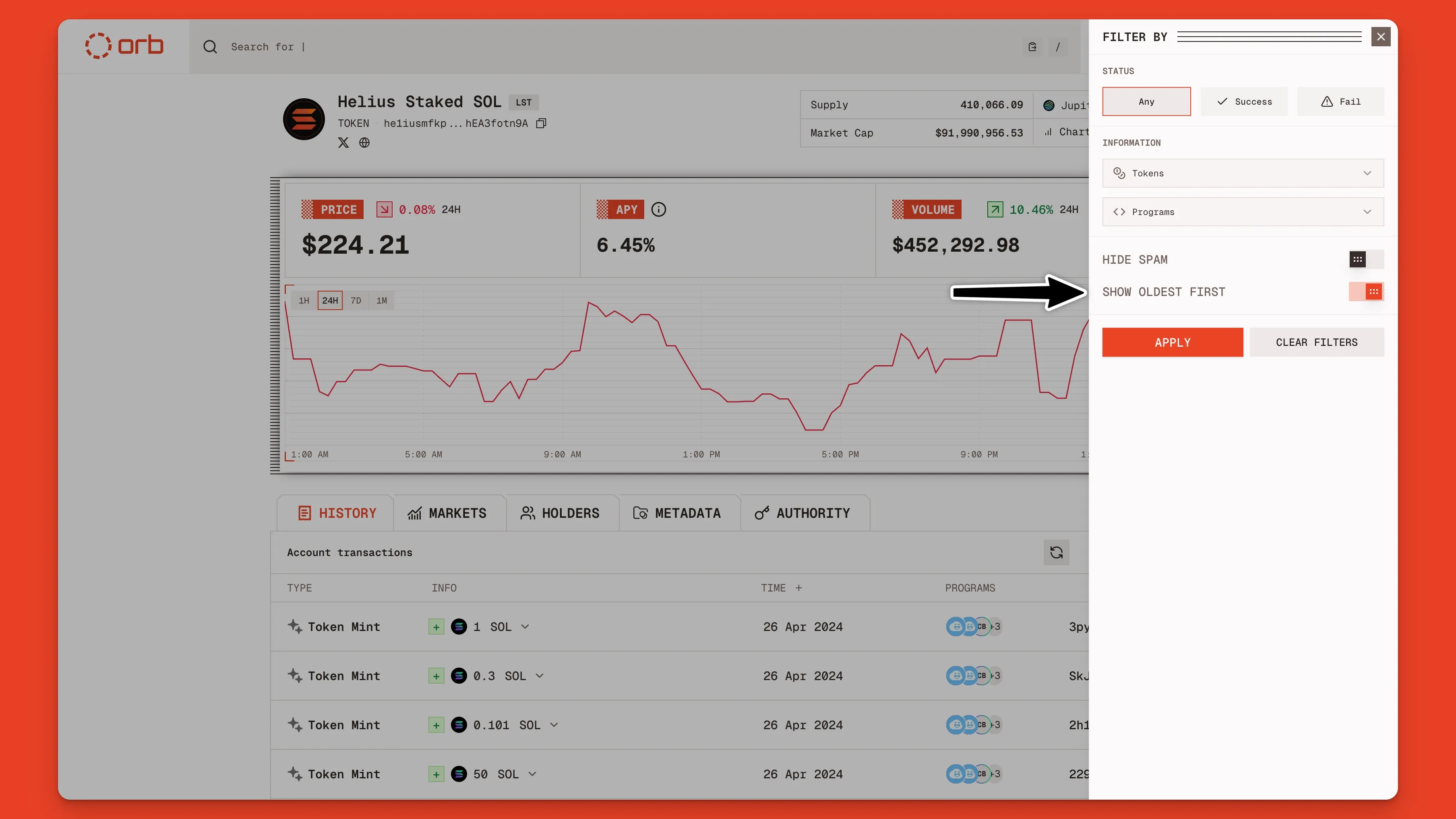 getTransactionsForAddress RPC 메서드를 사용해 hSOL 토큰의 오래된 트랜잭션부터 표시하는 Orb