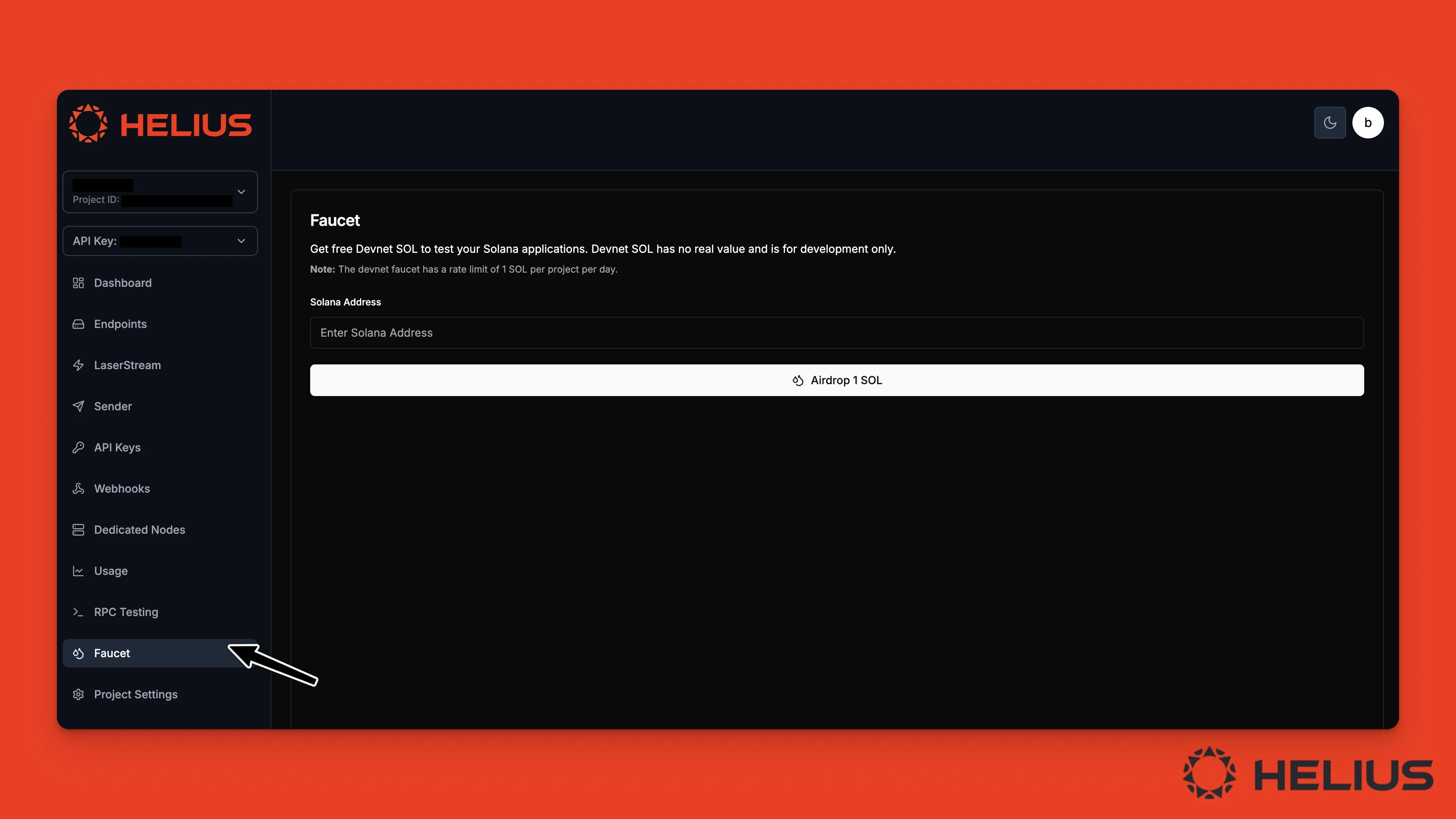 Helius 대시보드의 Solana Devnet Faucet