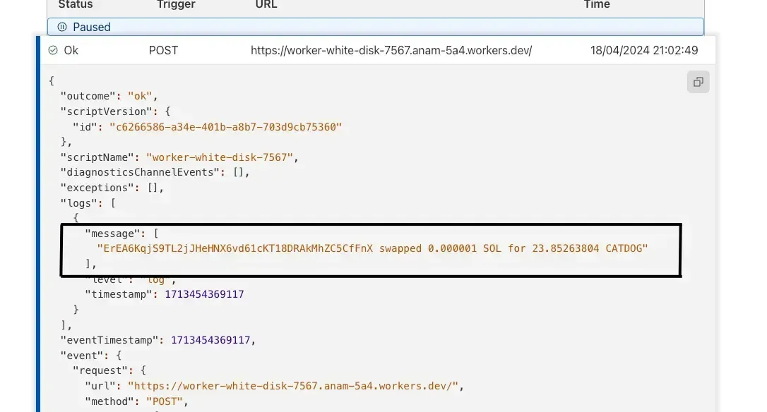 Cloudflare Worker 로그에 표시된 Webhook 응답