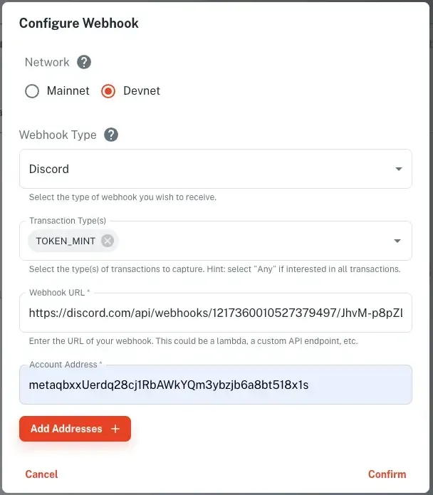 새 토큰 민트를 수신하기 위한 webhook 설정