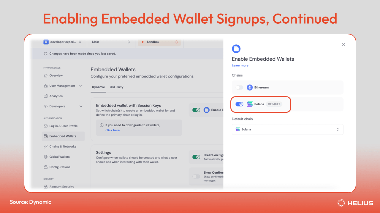 Toggle on Solana network support for your embedded wallets
