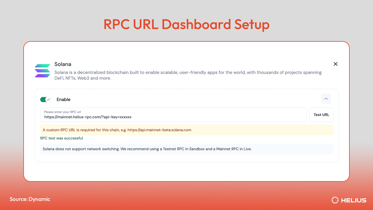 Adding your Helius RPC URL in the Dynamic dashboard