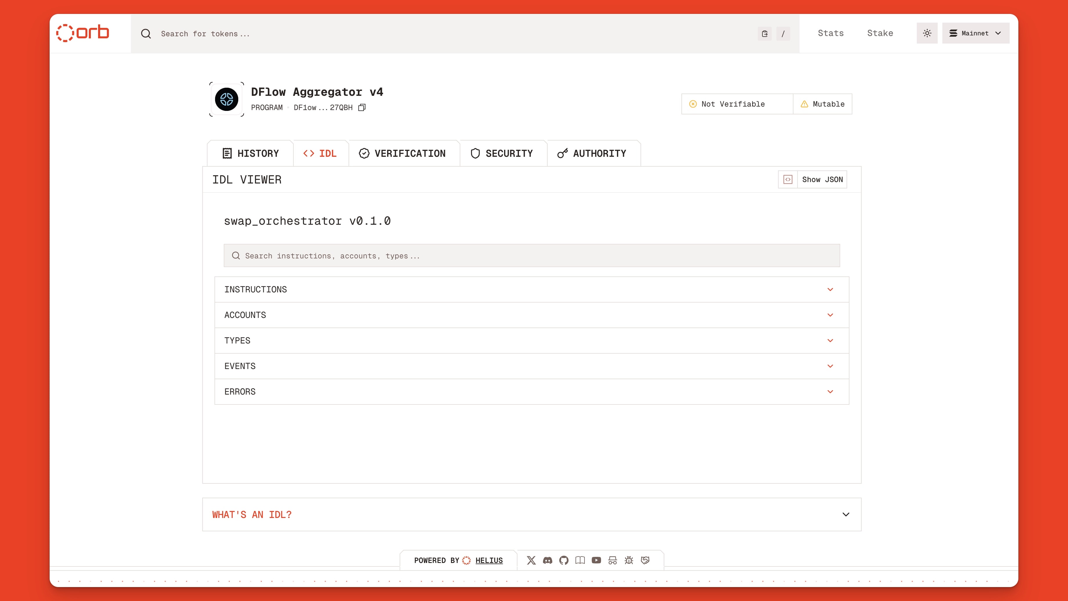 DFlow's aggregator v4 program IDL on Orb, the Solana block explorer