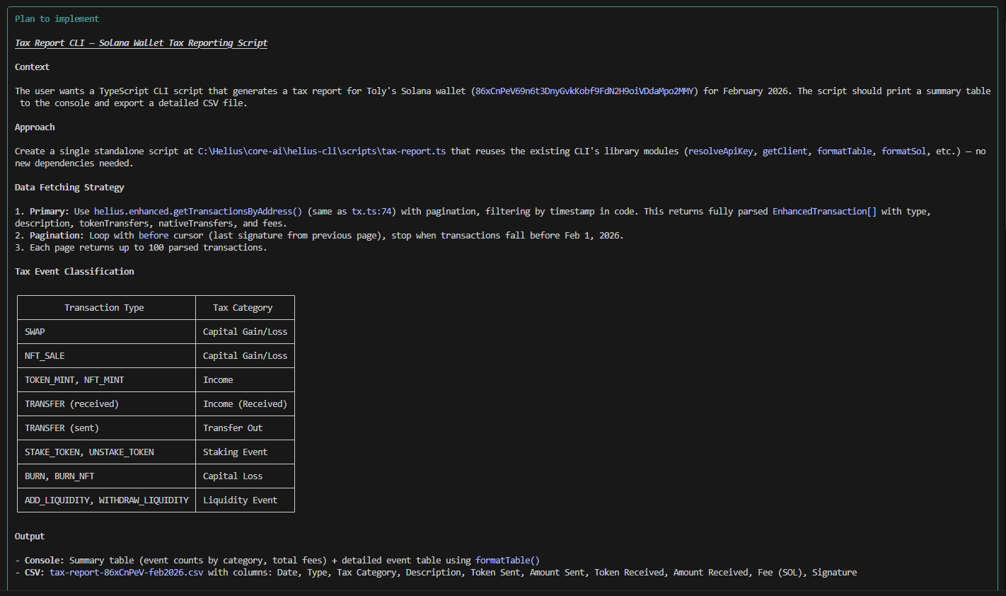 A Tax Reporting CLI Generated by Helius's Claude Code Plugin