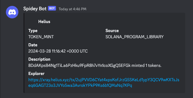 Notification sent by Discord Bot on new token mint