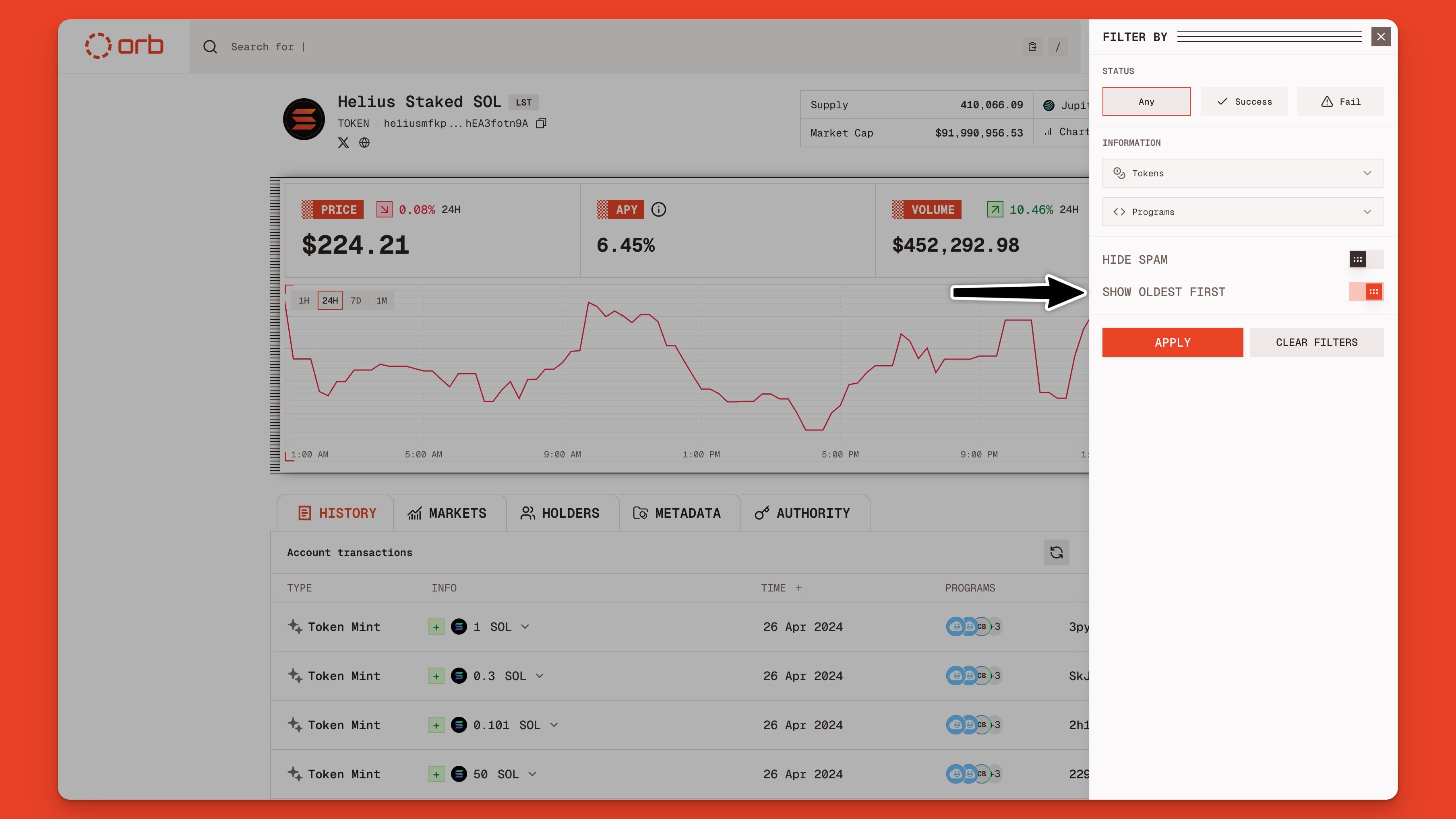 Orb using getTransactionsForAddress RPC method to show oldest transactions first for the hSOL token