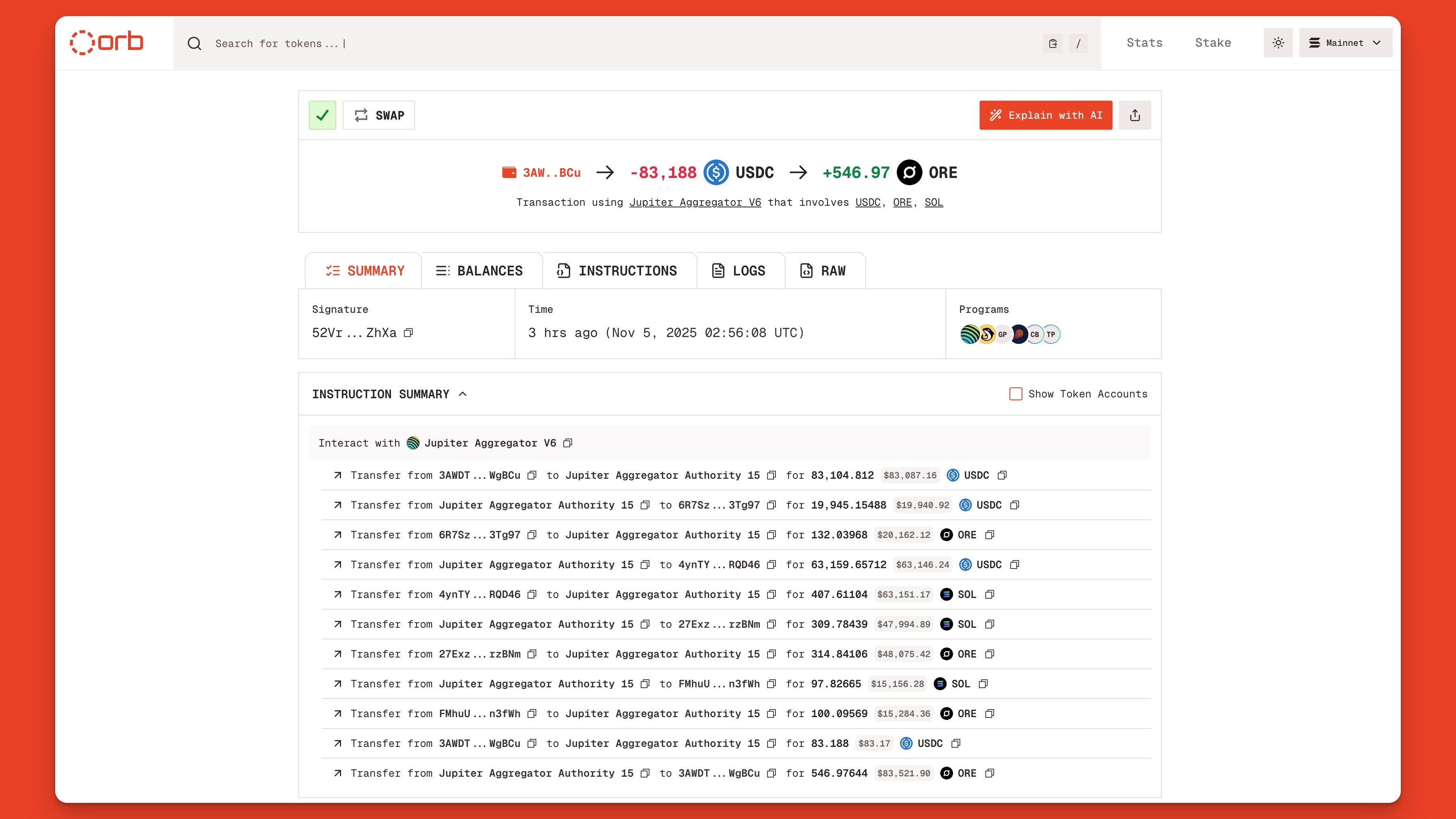 The Orb block explorer showing the Solana transaction details of a USDC swap for Ore
