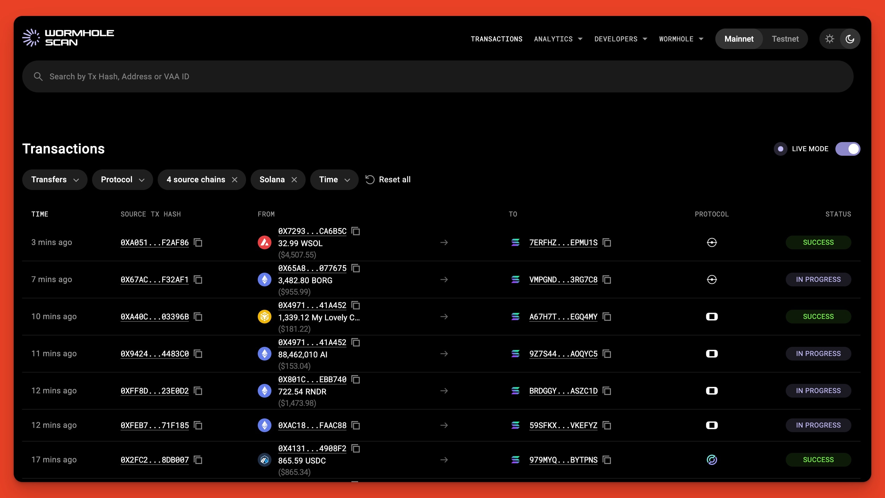 Wormhole explorer showing bridge transactions to Solana