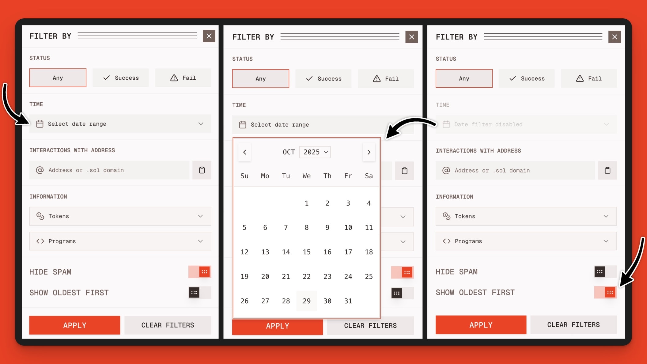 Orb UI displaying time-based filtering options for a Solana wallet's transaction history.