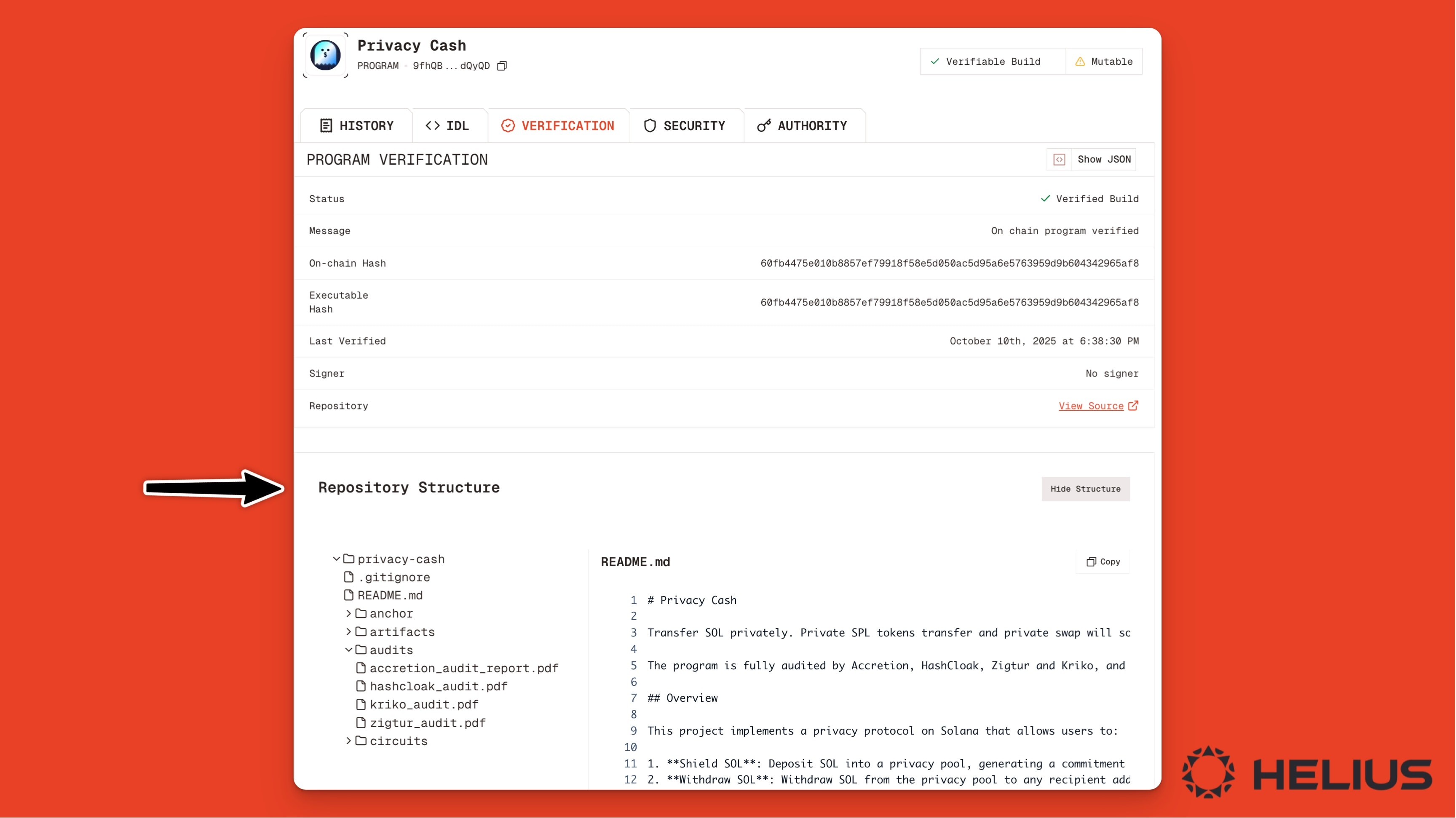 Find the IDL and repository structure of verified Solana programs on the Orb explorer