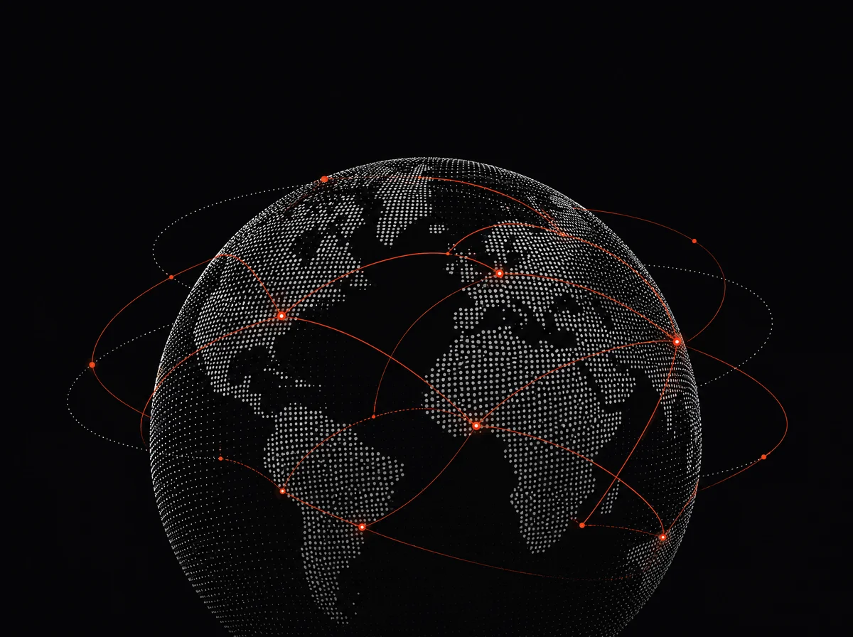 Dot-matrix globe connected by orange network arcs